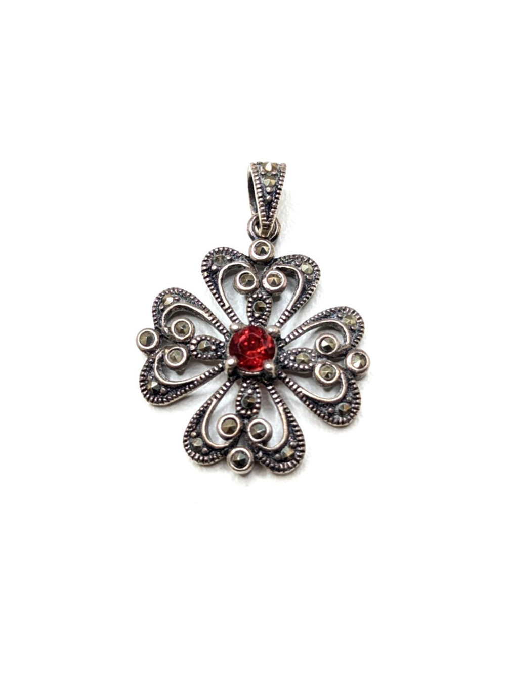 Sterling Silver 925 Red CZ Floral Pendant Vintage Marcasite Style Filigree 4.11g